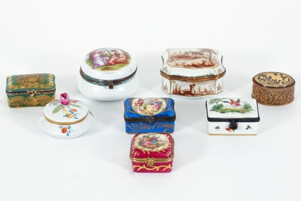 8 Porcelain Snuff/Patch Boxes Limoges, Herend, Etc.