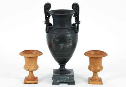 Greek Style bronze vase and pair of smaller rust toned urns
