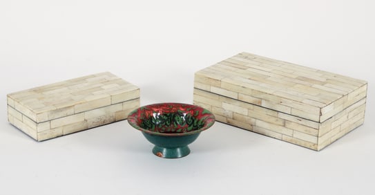 Two Tessellated Boxes Together with an Enamel Bowl