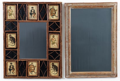 Two Mirrors, One with a rustic frame decorated with Monkey engraving decoupage