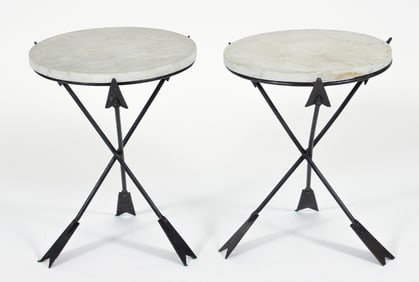 Pair of Wrought Iron and Marble Arrow Motif Side Tables