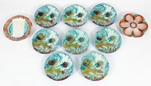 8 Luneville Majolica Artichoke and Asparagus Plates plus 2 other Majolica Plates