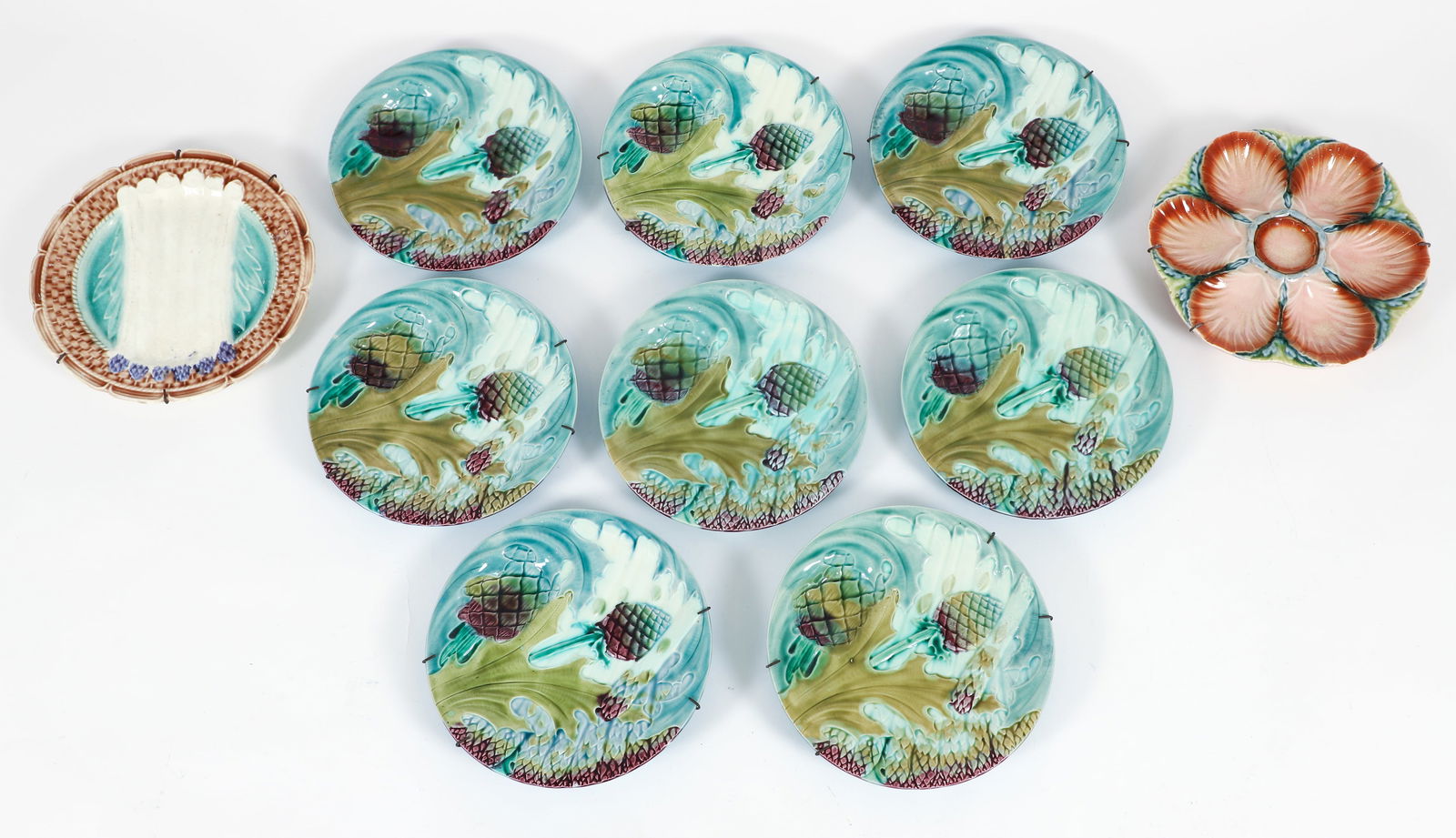 8 Luneville Majolica Artichoke and Asparagus Plates plus 2 other Majolica Plates (1 of 7)