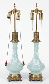 Pair of French Gilt Brass Mounted Pate-Sur-Pate Celadon Vases Fitted as Lamps