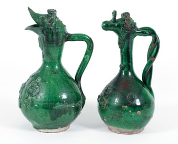 Near Pair of 19th Century Turkish Ottoman Canakkale Pottery Ewers
