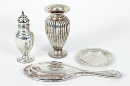 4 Silver Pieces, Dresser Mirror, Plate, 800 Vase, Sugar Caster