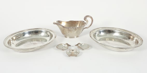 6 Pc. Tiffany Sterling Silver Inc. Vide Poche, Gravy Boat, Dishes.