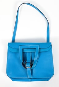 Hermes Taurillon Clemence Halzan 31 GM Bag in Blue Zanzibar