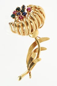 18k Emerald Ruby and Sapphire Flower Brooch