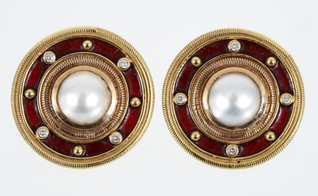 12k Diamond Enameled Clip Earrings