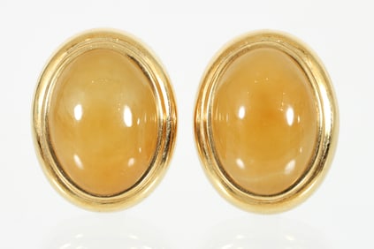 Gump's 18k Yellow Jade Cabochon Clip Earrings