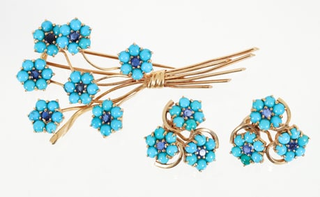 14k Sapphire and Turquoise Flower Pin and Earrings