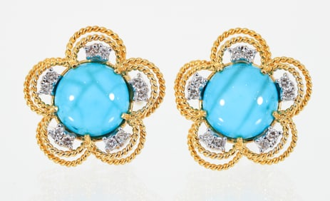 Pair of 14k Diamond and Turquoise Flower Earrings
