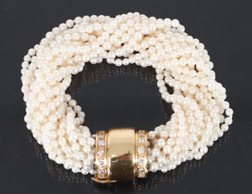 Multistrand Pearl Bracelet with 14k Gold and Diamond Closure
