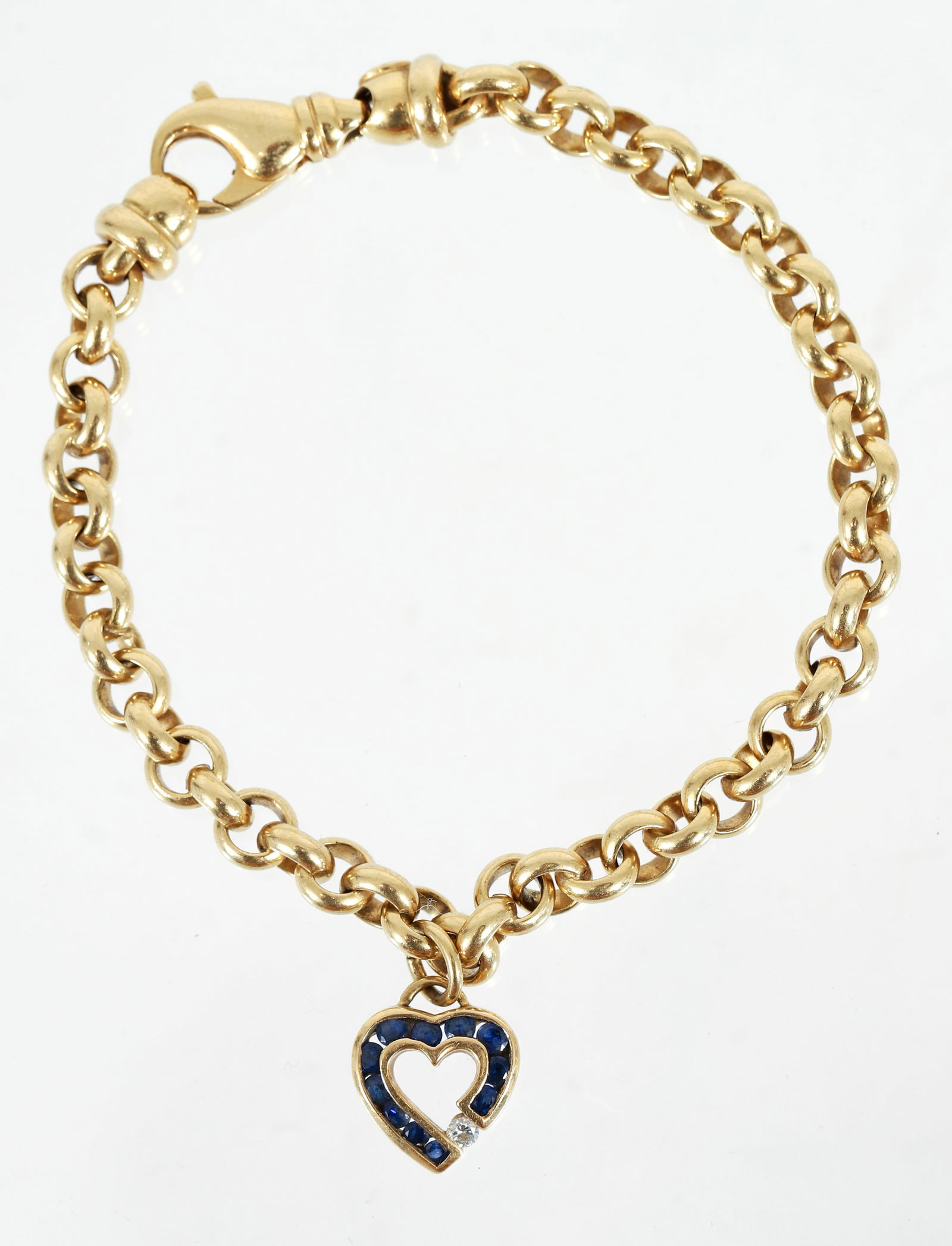 18k Charles Krypell Heart Charm on Italian Bracelet: 18k Charles Krypell Diamond and Sapphire Heart Charm displayed on Italian Charm Bracelet, 18k yellow gold with channel set sapphires and diamond, charm marked "Krypell 750," bracelet marked "18k Italy