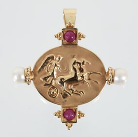 Etruscan 14k Ruby and Pearl Chariot Pendant Brooch