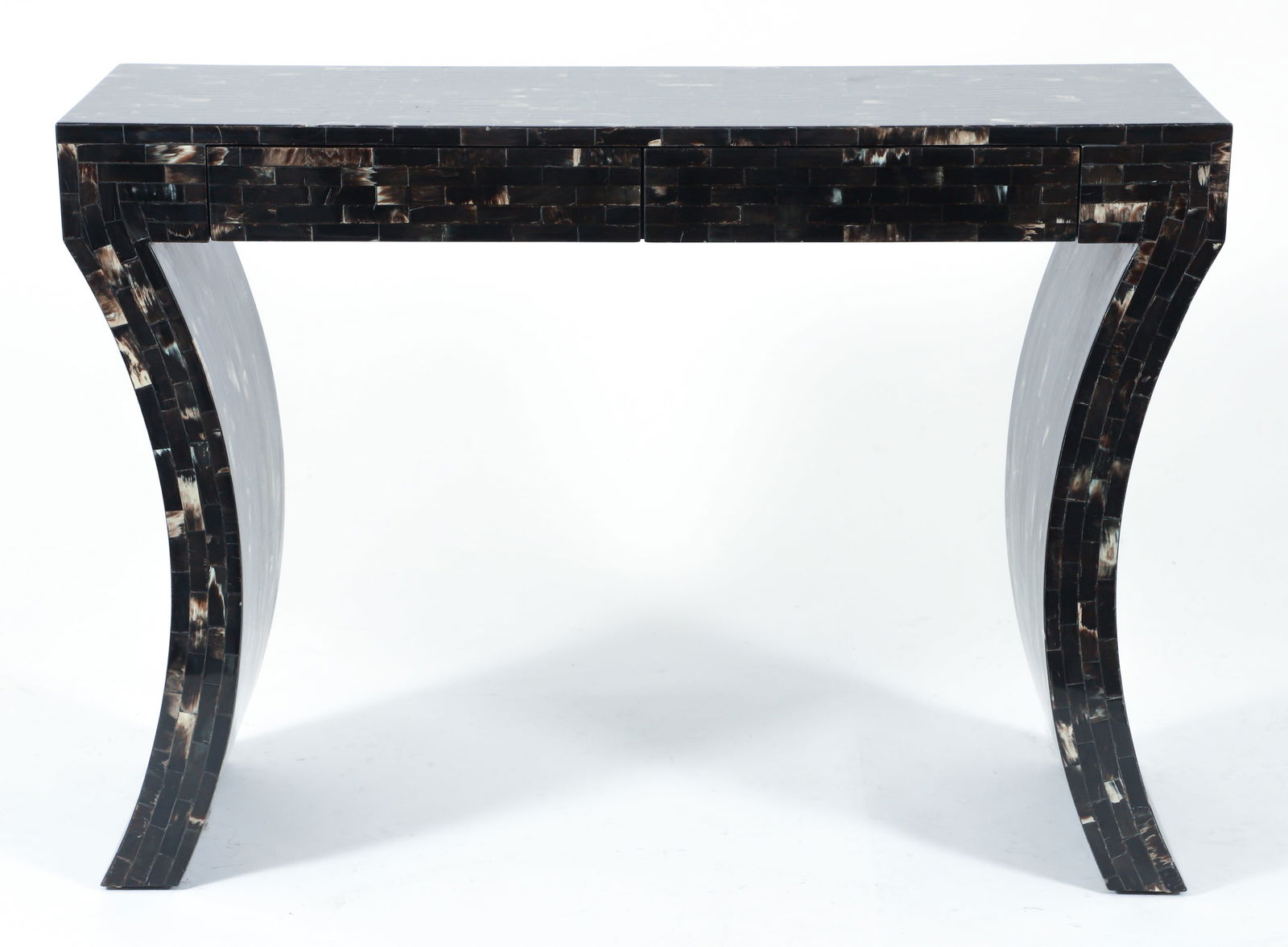 Columbia Tessellated Horn Tile Console Table: Jimeco black horn tile tessellated console table, Jimeco LTDA Bogota, Columbia. Likely designed by Enrique Garcel. Two drawers at front. Jimeco label at underside. 34.25 x 48.5 x 15.5 inches.