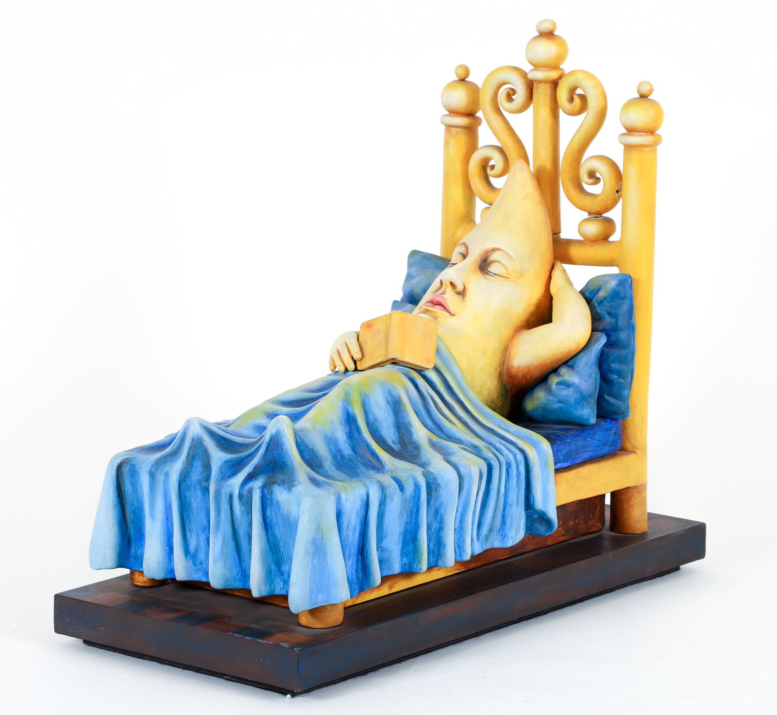 Sergio Bustamante Moon in Bed Ceramic Sculpture: Bustamante, Sergio (Mexican, 1942-2014), Moon in Bed, ceramic sculpture, signed and editioned 62/100 on the corner of the base. Depicting an anthropomorphic moon asleep in bed. 18.5 x 20.5 x 10 inches
