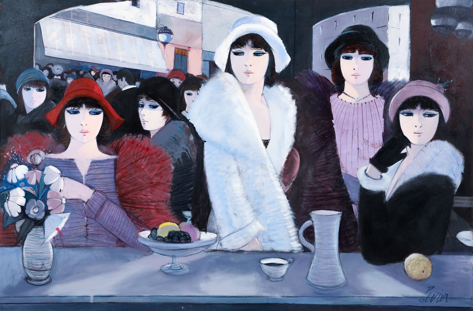 Charles Levier oil Le Belles des Cigale Women at Cafe: Levier, Charles (French, 1920-2003), Le Belles des Cigale [Women at The Cafe], oil on canvas, signed lower right, 40 x 60 inches (101.6 x 152.4 cm), framed 49.25 x 69.75 inches (125 x 177 cm).