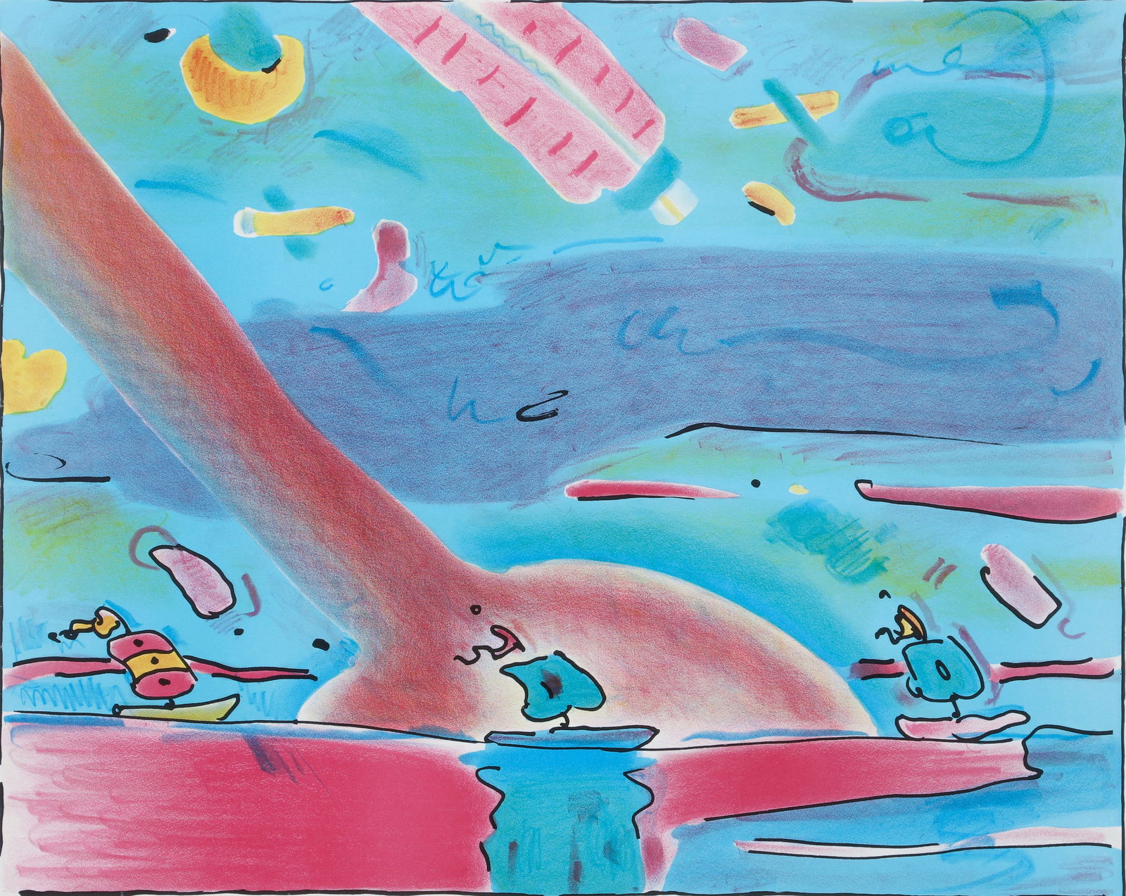 Peter Max 1980 orig lithograph Sailboats: Max, Peter (German/American, born 1937), Sailboats, 1980, lithograph printed in colors, 19 x 24 inches, pencil signed and numbered 88/165, framed measuring 37.5 x 41 inches, Painted and printed in 198