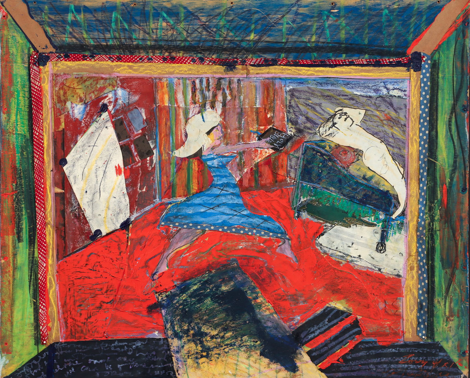 Tony Naponic 1981 mixed media on board The Forgotten Fable: Naponic, Tony (American, 1954-2003), The Forgotten Fable, 1981, collage and mixed media on plywood, 32.5 x 39.75 inches, signed and dated lower right and signed and dated on panel reverse. Provenance: