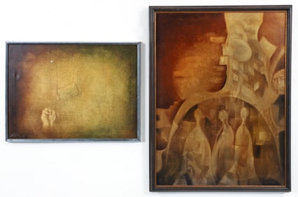 2 Early David Schluss Abstracted Figures Oil on Canvas