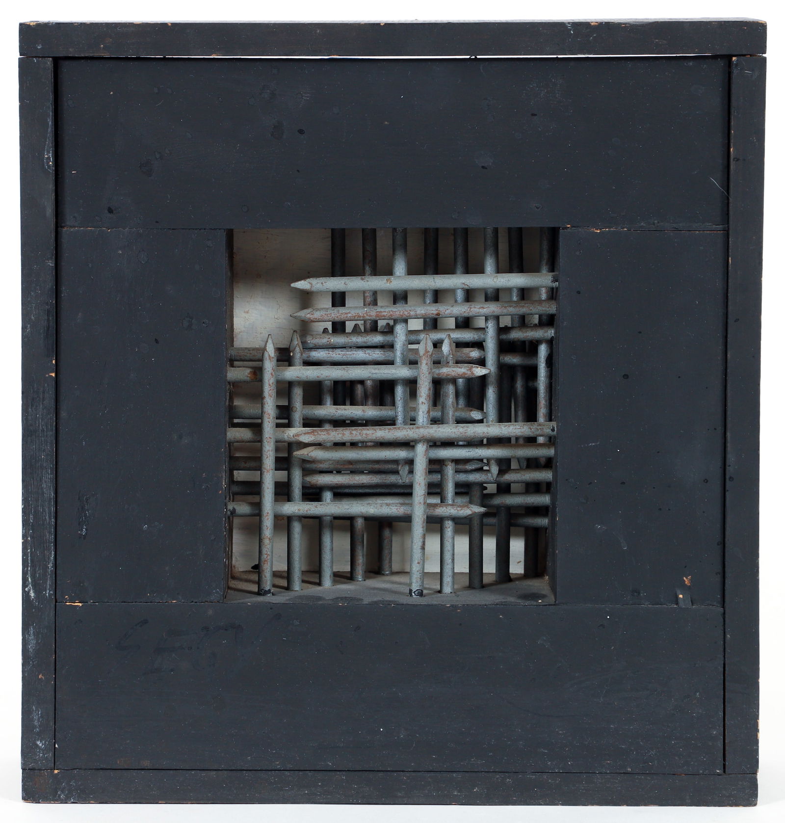 Ladislas Segy 1967 collage nail Box #451: Segy, Ladislas (Hungarian/European, 1904-1988), Box 451, 1967painted wood and nail shadow box collage, 11.5 x 12 x 3.75 inches, signed, dated, and titled on box reverse, and signed on front panel lowe