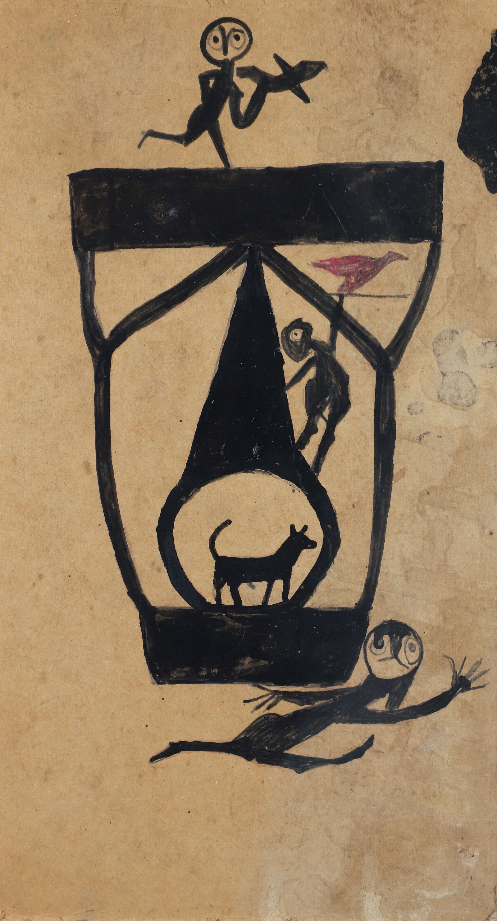 Bill Traylor drawing Construction with Red Bird circa 1940: Traylor, Bill (American/Alabama, 1854-1947), Untitled (Construction with Red Bird), circa 1940, showcard color on a section of Baby Ruth candy cardboard box, 13.5 x 7.5 inches, framed 17.75 x 11.75 in