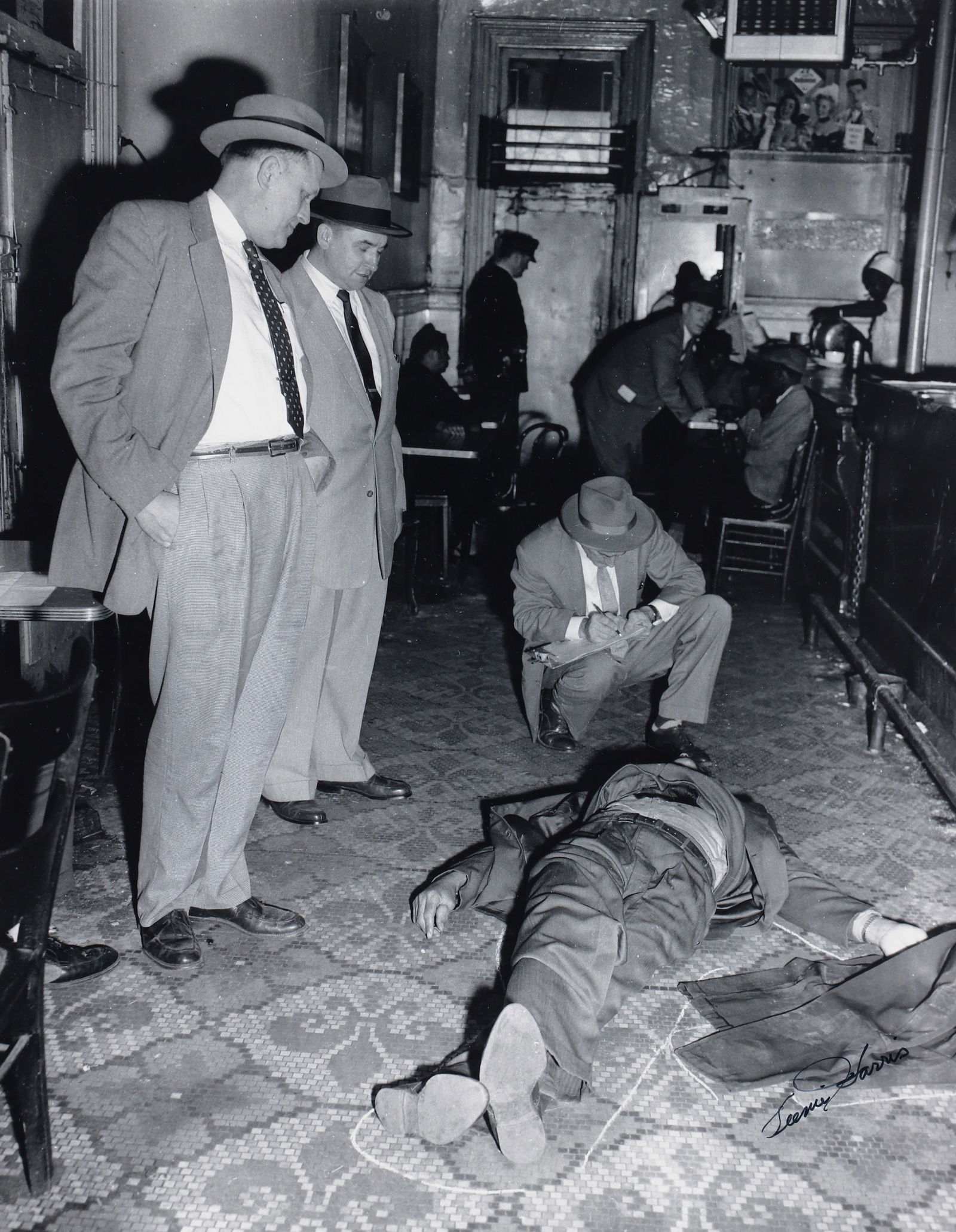 Teenie Harris signed photograph Crime Scene Hill District: Harris, Charles (Teenie) (American/Pittsburgh, 1908-1998), Harris, Detectives examining body of Arizona Simms, with Homicide Captain Joseph Flynn questioning witnesses in background, in Hill Tavern as