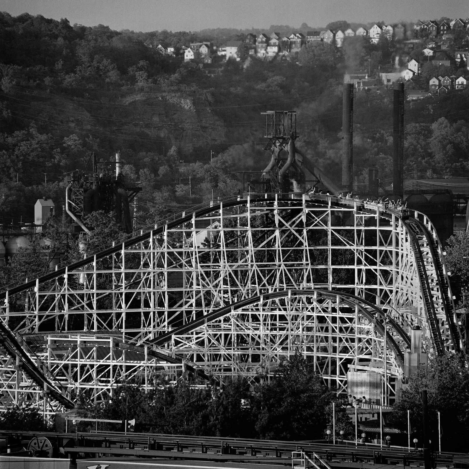 Mark Perrott Photograph Thunderbolt at Kennywood Park: Perrott, Mark (American/Pittsburgh, Contemporary), Kennywood Park, Thunderbolt Rollercoaster, taken 1986, photograph printed with archival ink on Hahnemuhle Rag paper, signed in lower margin, image si