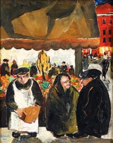 Harry Scheuch 1961 Market Scene Oil on Board