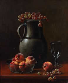 A. F. King oil Still Life with Peaches, Grapes, Wine Glass and Pitcher