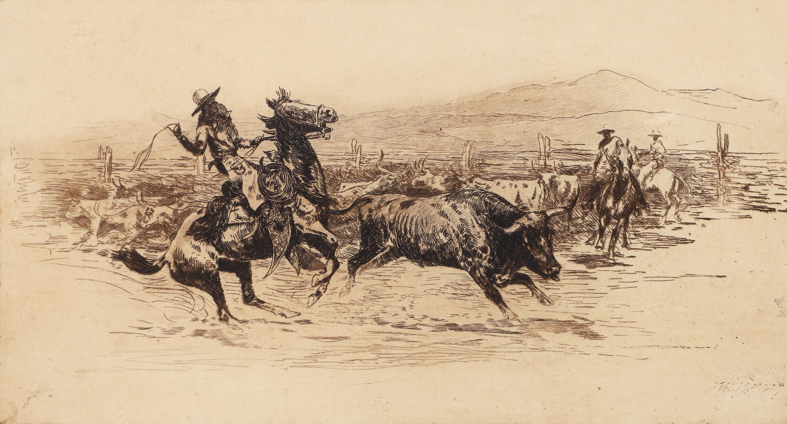 Edward Borein signed etching Cutting out a Bull, No. 1 (1 of 3)