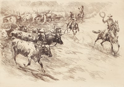 Edward Borein orig etching Heading Em? In