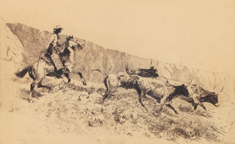 Edward Borein signed etching Combing a Draw