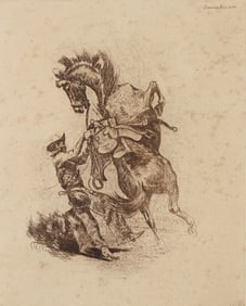 Edward Borein pencil signed etching Unsaddling a Bronco No. 2