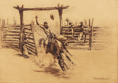 Edward Borein pencil signed etching Out of the Gate