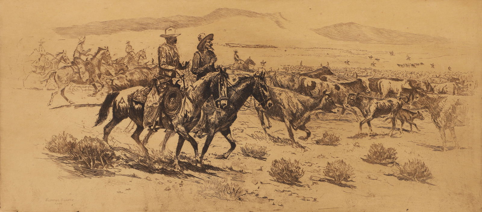 Edward Borein 1922 etching Arizona Roundup (1 of 3)