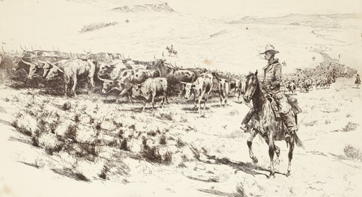 Edward Borein etching Trail Herd No. 2