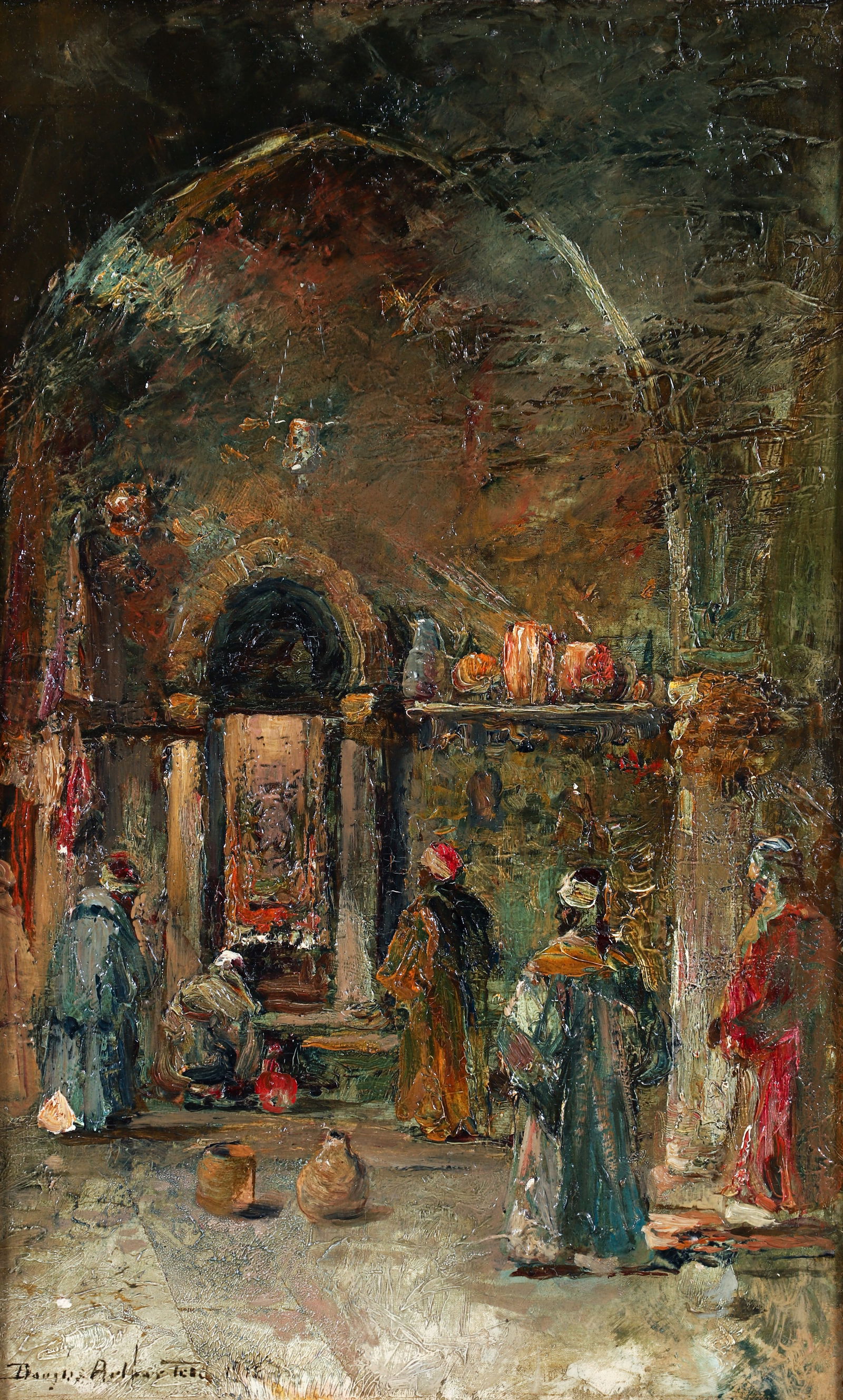 Douglas Arthur Teed Middle East Street Scene Oil on Board: Teed, Douglas Arthur (American, 1860-1929), Middle East Street Scene [Orientalist], c.1912, oil on board, signed and apparently dated lower left, 16 x 10 inches, in a gilt wood frame 22 x 15.5 inches.