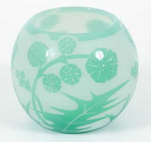 Carder for Steuben Jade and Alabaster Etched Floral Motif Vase