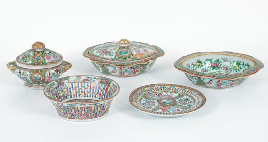Chinese Rose Medallion Covered Serving Dishes, Chestnut Basket, and Underplate
