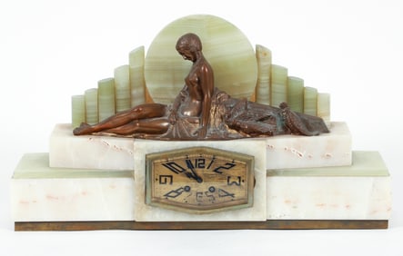Marble and Onyx Art Deco Mantle Clock with Bronze Sculpture