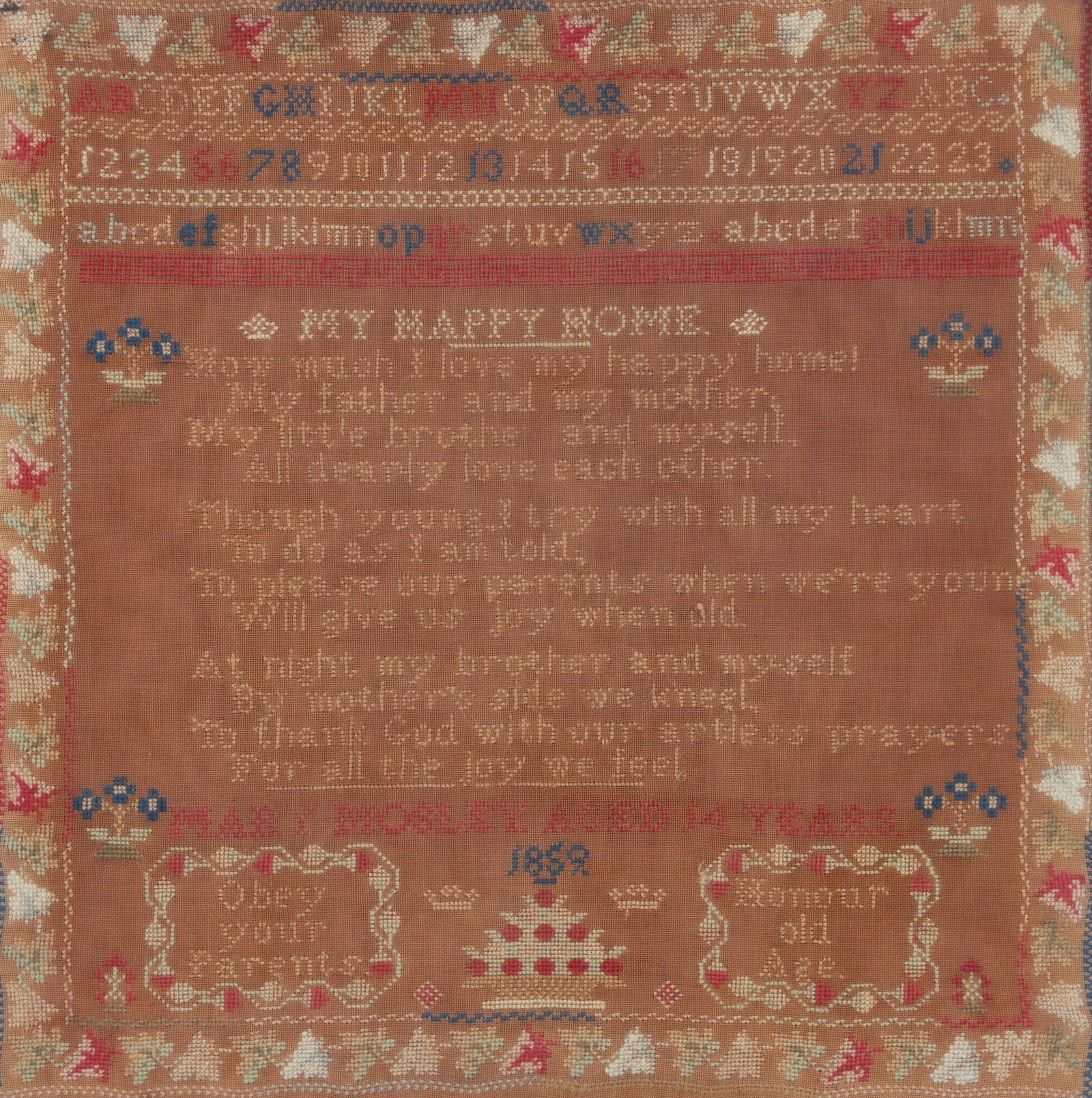 Antique My Happy Home Sampler Mary Moseley Age 14 Years (1 of 3)