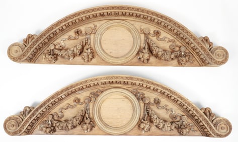 Pair of Highly Carved Wood Segmental Pediment Architectural Elements