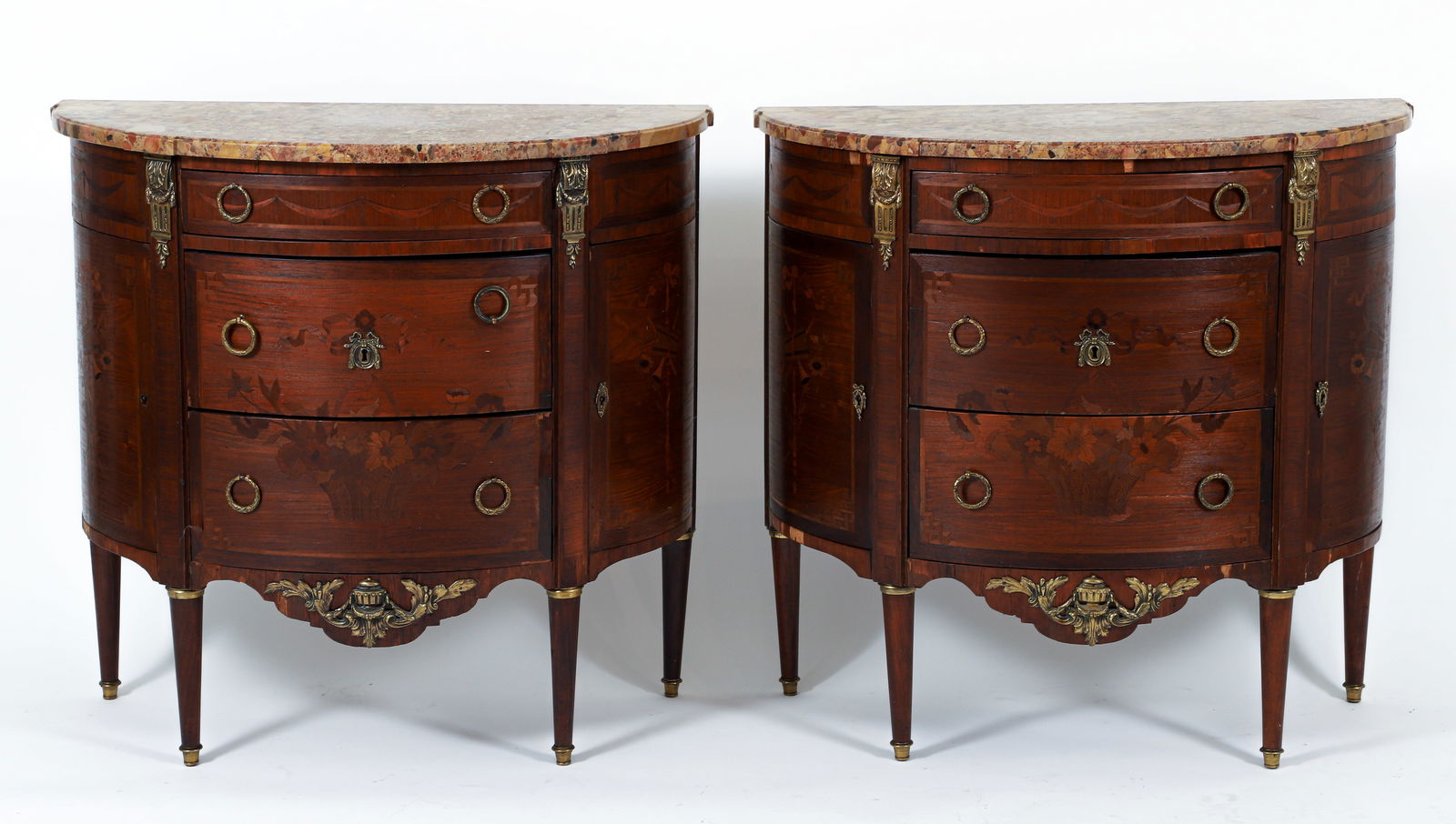 Pair of Hardstone Top Marquetry Demilune Chests (1 of 7)
