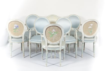 Set of 8 Louis XVI Style Fauteuil Chairs with Hand Painted Bouquets