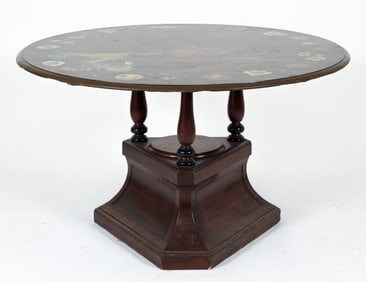Antique Pedestal Dining Table with Hand Painted Floral Motif