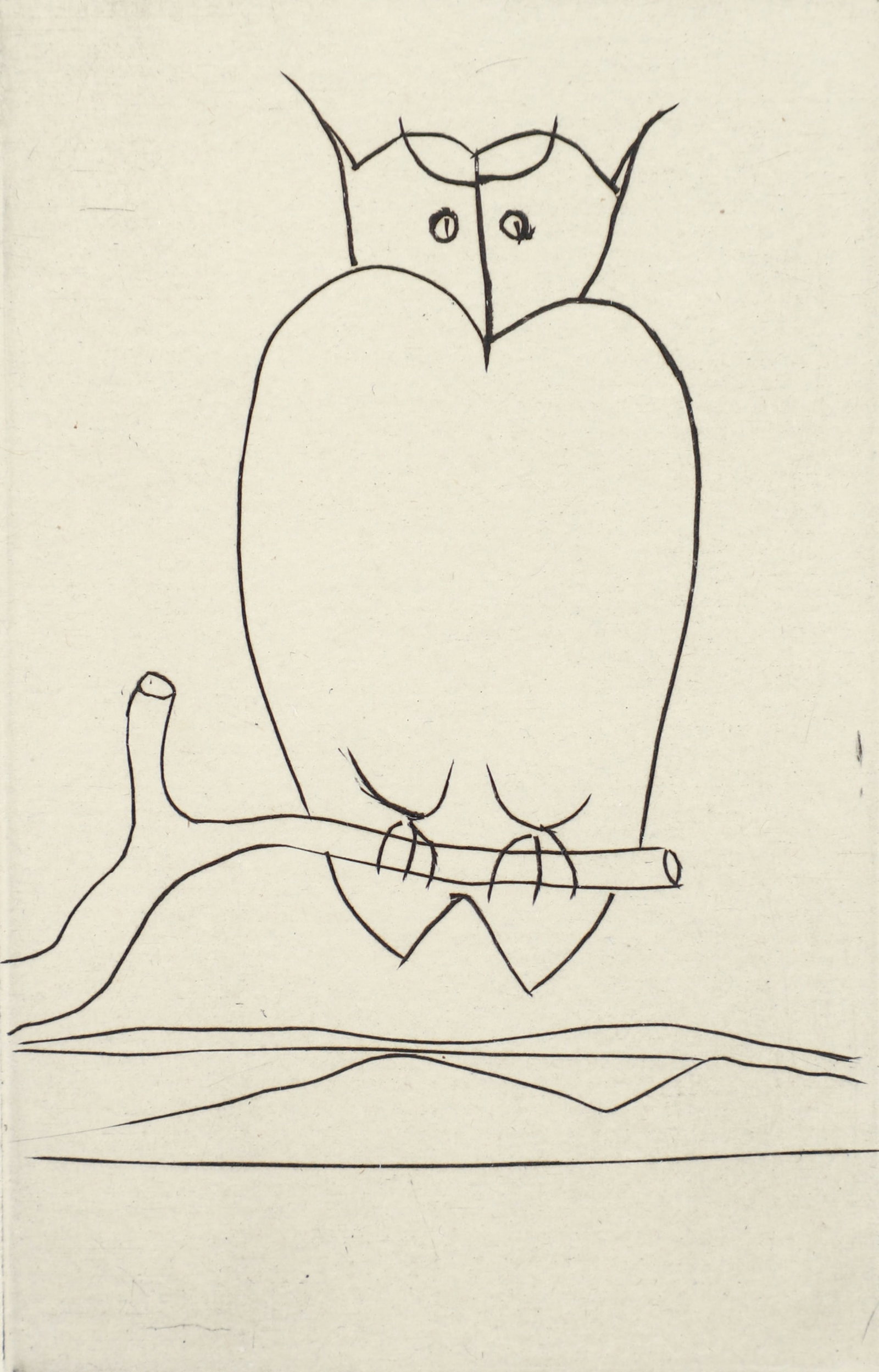 Andre Derain Etching of an Owl: Derain, Andre (French, 1880-1954), Owl [Hibou or Chouette], c.1940s, etching on paper, numbered 21/75 inches, impression size 4 x 2.5 inches, matted and framed 12 x 11 inches. Provenance: The Estate o