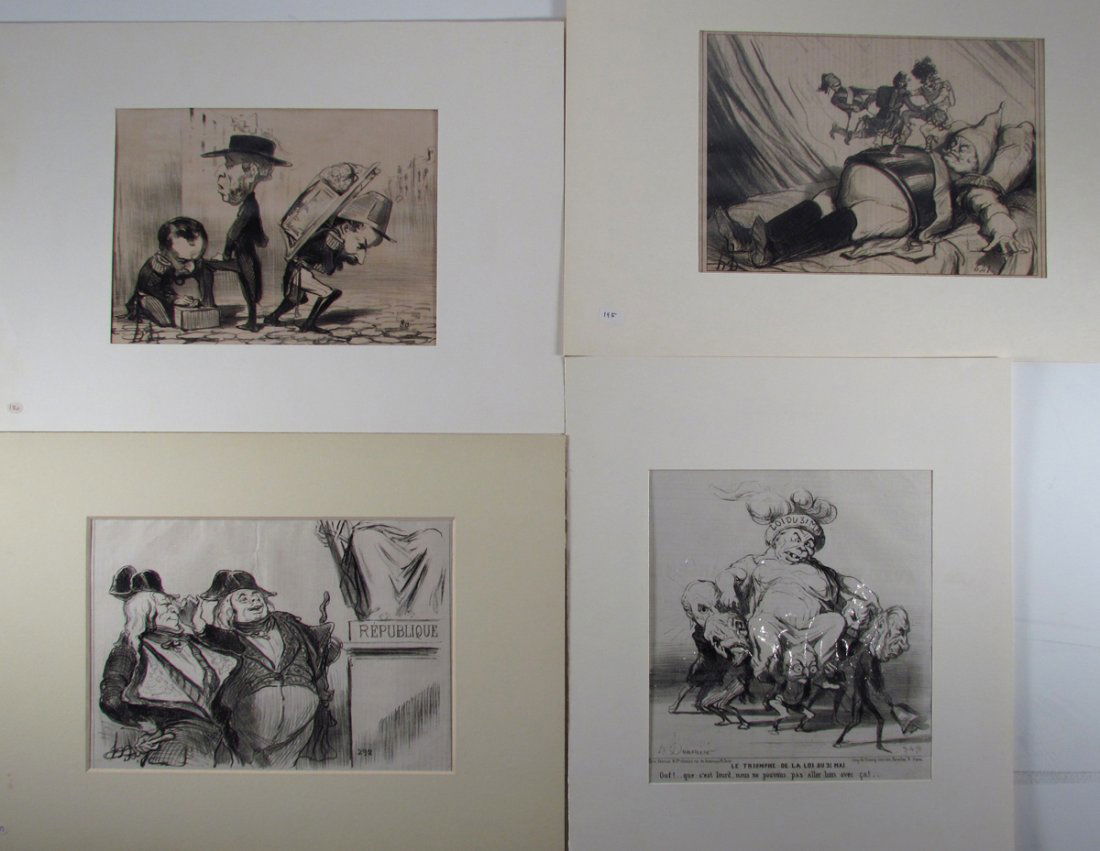 4 Honore Daumier Political lithographs from Charivari: Artist: Daumier, Honore (French 1808-1879) Title: Rèapparition De La Jeunesse Dorée, Un Terrible Cauchemar, La Paix Universalle, Le Triomphe De La Loi Du 31 Mai Medium: lithographs Dimensions: 8.5 x